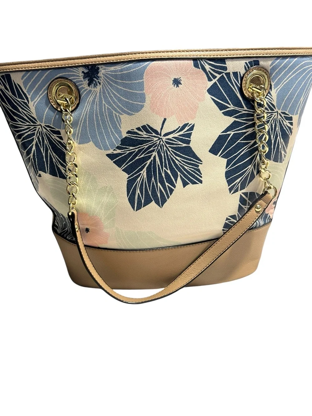 Anne Klein Floral Navy Blue and Pale Pink Tote with Tan Trim